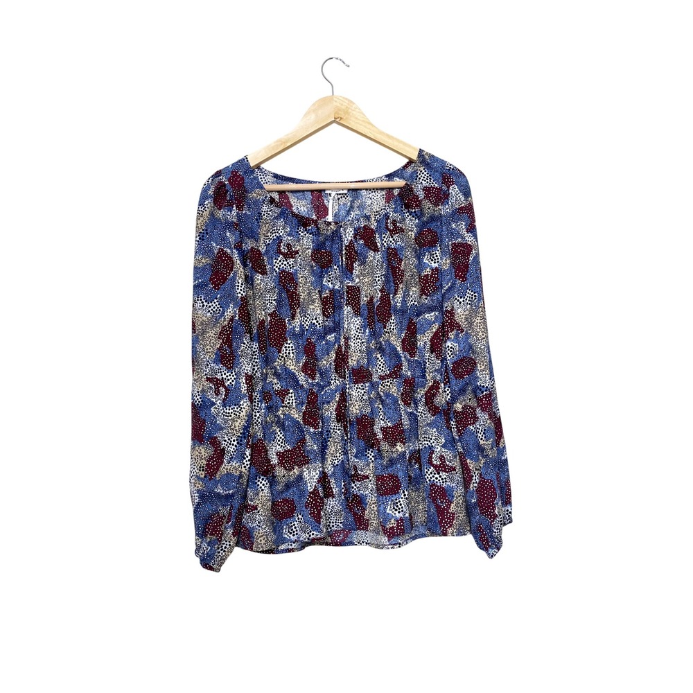 Robin K Women Blue Burgundy Abstract Dotted Print Square Neck Peplum Blouse L